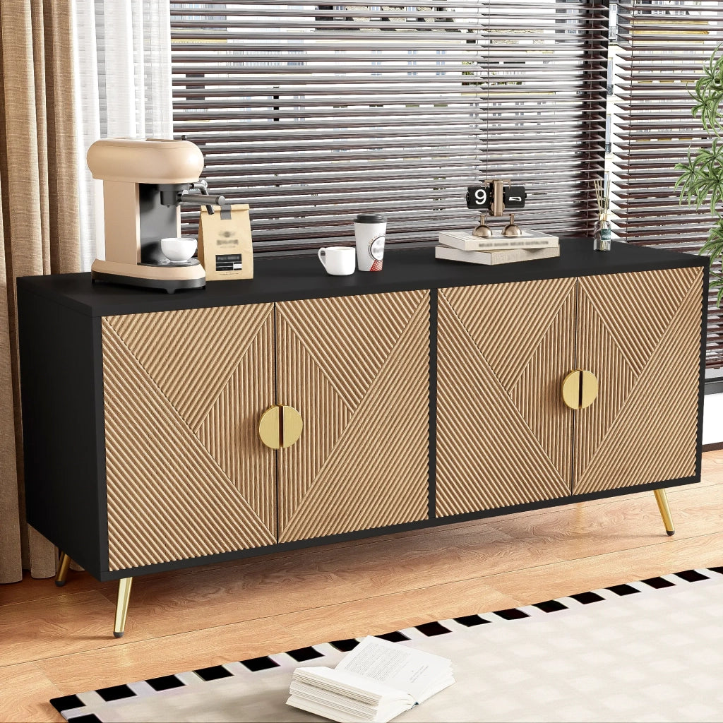 Sideboard 160 cm, 4 ante, maniglie spazzolate oro e gambe tavolo lucide