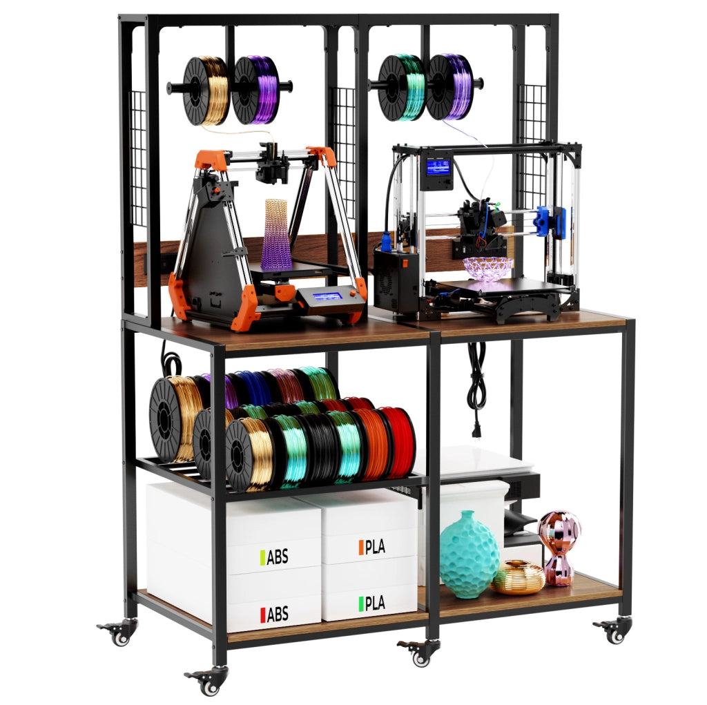 Supporto per 2 stampanti 3D nero in metallo con porta filamenti a T e ruote