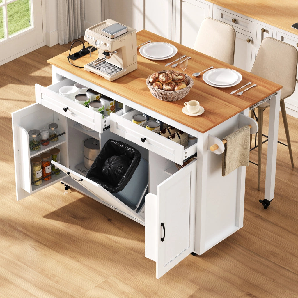 Mobile base da cucina su ruote con piano estraibile prese e vano rifiuti MDF bianco 120 × 40-75 × 92 cm