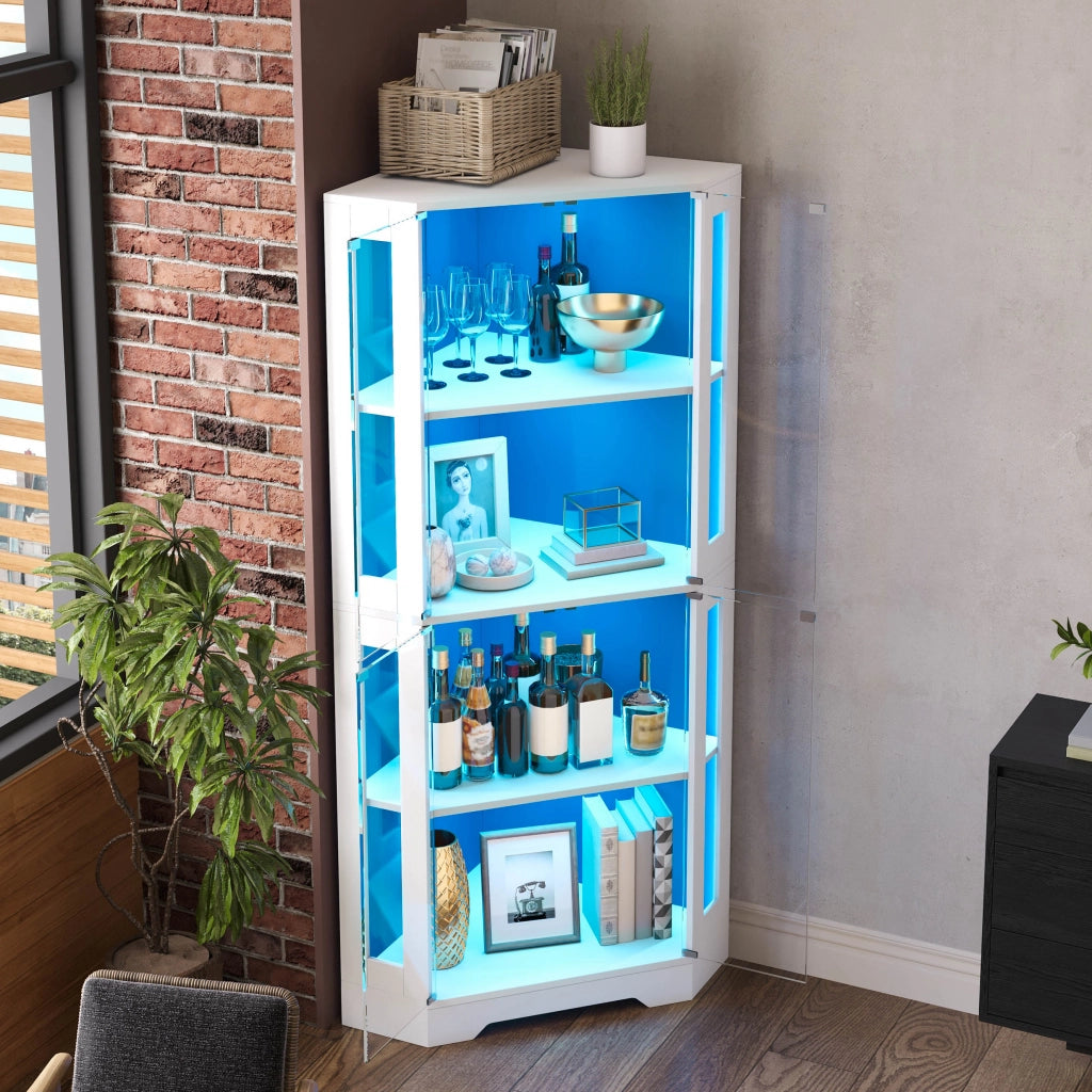Credenza da cucina alta con LED, 4 ante in vetro e 2 ripiani regolabili, per cucina e sala da pranzo, MDF bianco