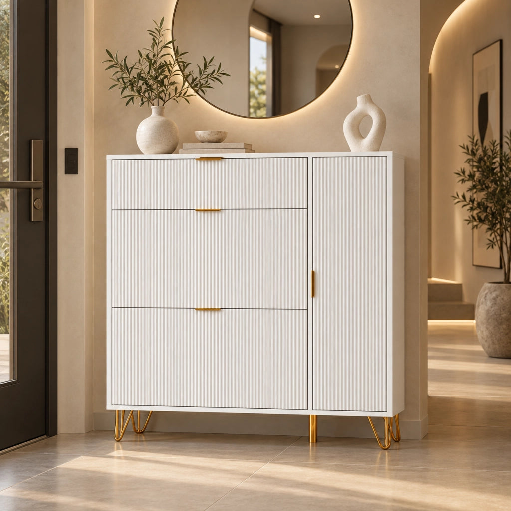 Scarpiera Salvaspazio 110x24x118 cm, Mobile Portascarpe con 2 Ante Porta Scarpe a Ribalta, Maniglie a Scomparsa, Ripiani Interni, Piedini Dorati, Bianco