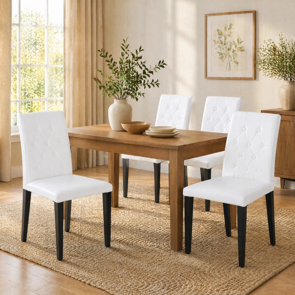 Set di 4 sedie da pranzo in PU bianco con schienale trapuntato e gambe nere