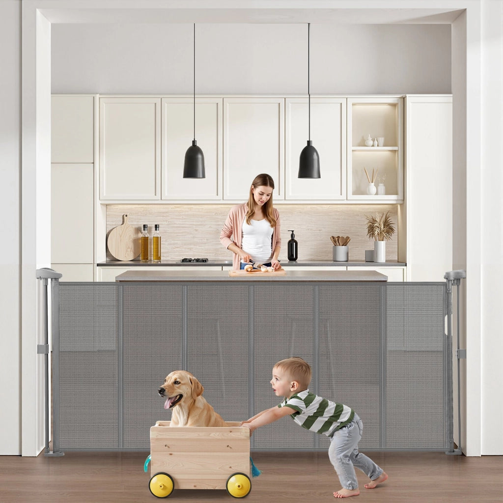 Cancelletto di Sicurezza Retrattile per Cani e Casa, Barriera Estensibile Fino a 1800 mm, Altezza 870 mm, Rete Grigio, SH20.006BB-180CD
