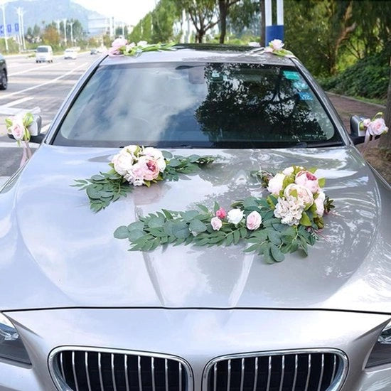 Decorazione di auto per matrimoni - Fiori artificiali - Rosa - Rampa di pioeni - Piante - Auto per matrimoni - Decorazione di matrimoni - Auto per matrimoni - Rosa.