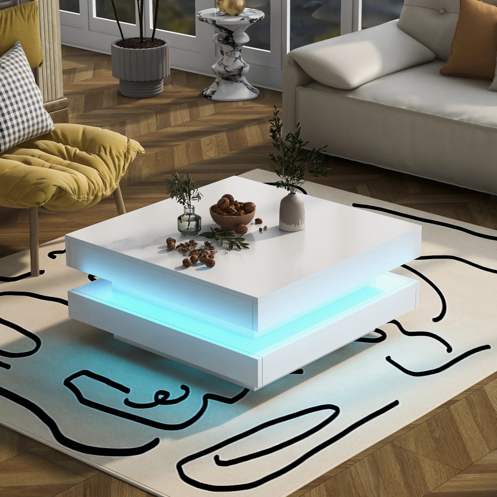 Tavolino da caffè quadrato con illuminazione LED Bluetooth USB; finitura lucida; in pannelli di particelle; bianco; 70 × 70 × 36 cm