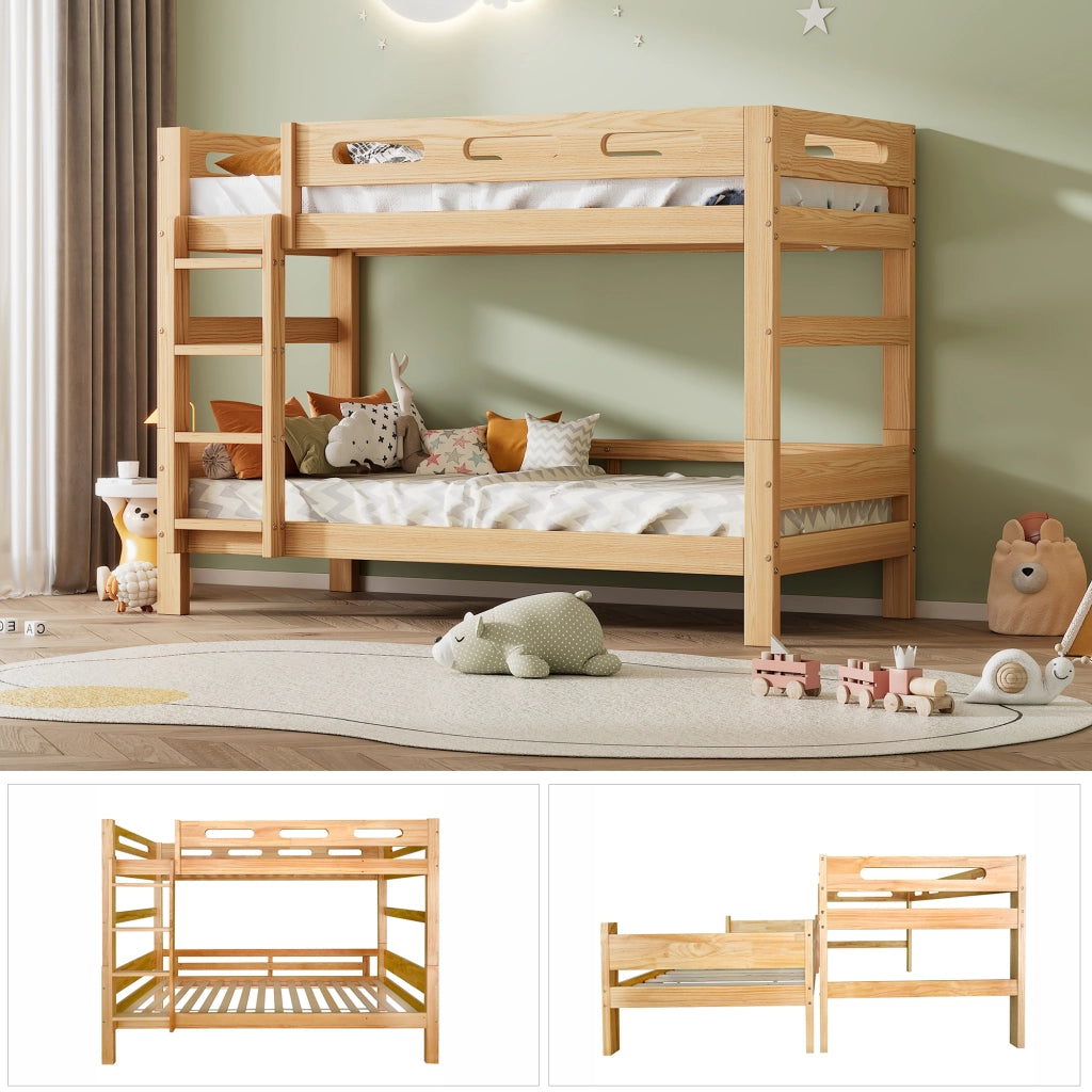 Letto a castello 2 posti per bambini 90×200 cm, divisibile in due singoli, senza materasso, pino naturale