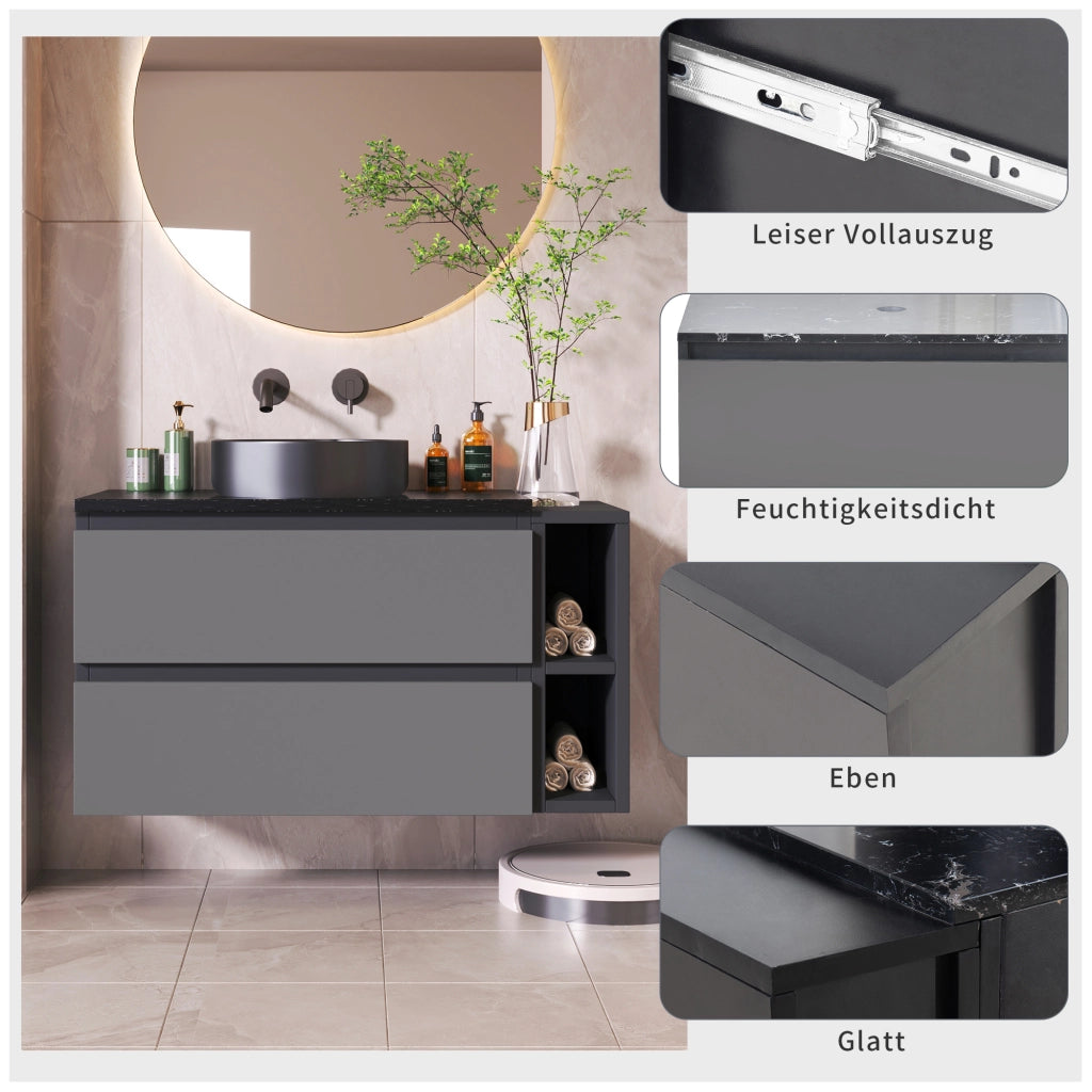 MOBILE BAGNO LAVABO 80 cm Nero/Grigio in MDF con lavabo in ceramica, Set da 2 pezzi
