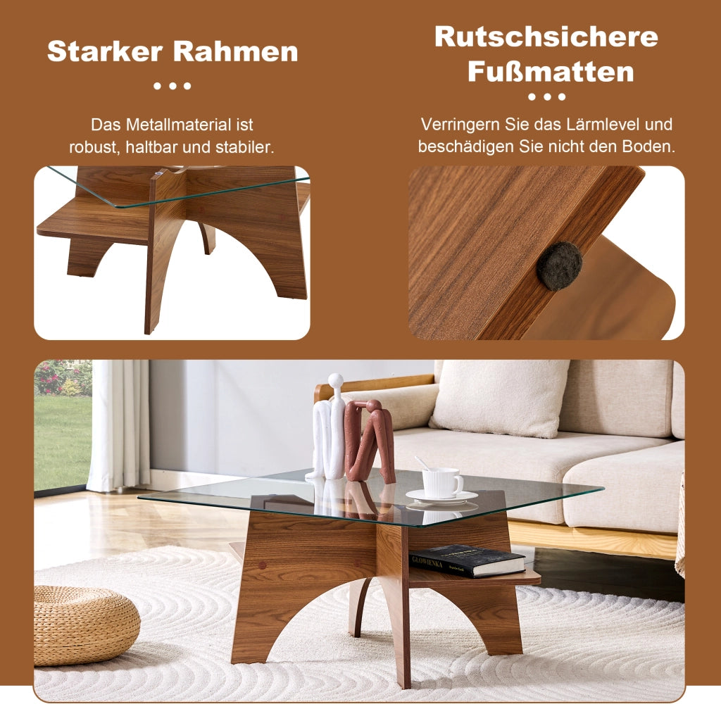 Tavolino Quadrato Moderno in Vetro di Sicurezza con Struttura in MDF Effetto Noce, 80x40 cm