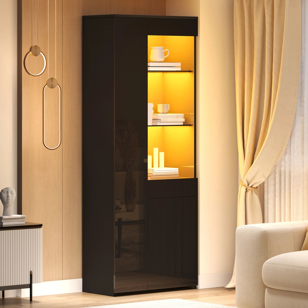 Vetrina 70x35x180 cm con LED controllabile via app; 2 ante e cassetto; nera