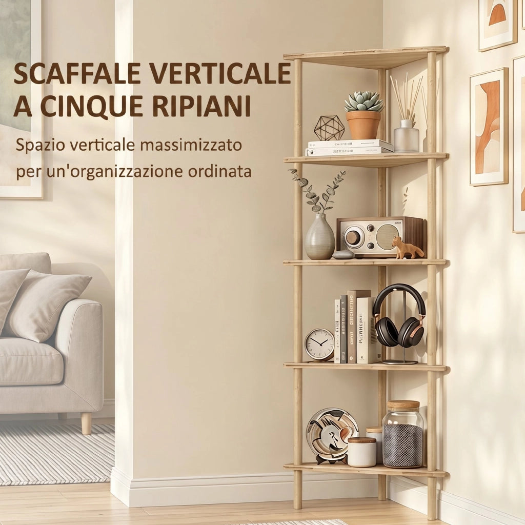 Scaffale Angolare In Bambù A Cinque Ripiani Per Bagno; Camera E Soggiorno
