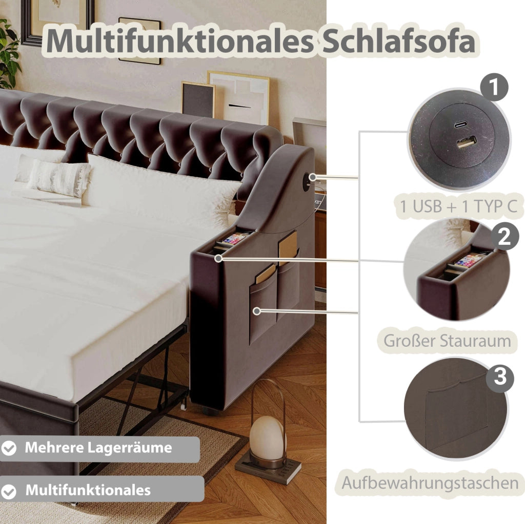 Divano letto imbottito grigio 90 x 190 cm con ricarica e vani