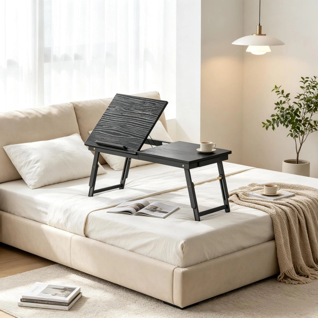 Tavolo da letto per laptop regolabile 70 × 33 cm con piano inclinabile e vano laterale in bambù e MDF nero