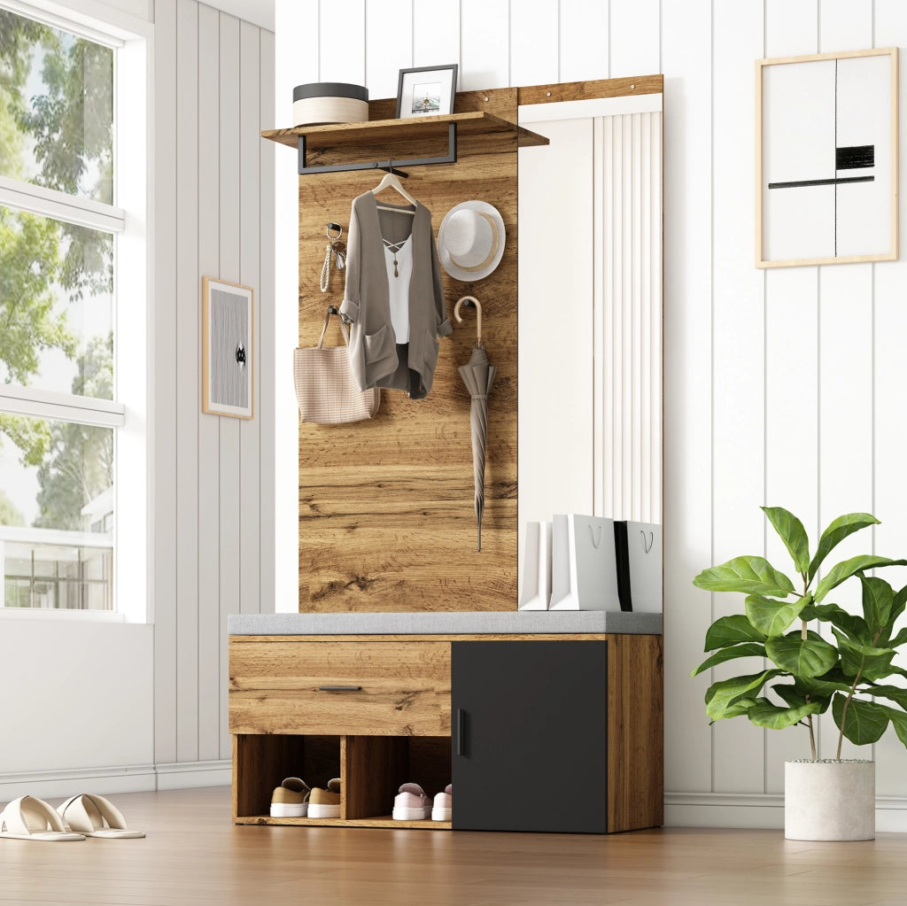 Set guardaroba 190 cm in effetto legno con specchio, panca imbottita 104 x 39 cm, armadietto scarpe, cassetto, mensola e appendiabiti