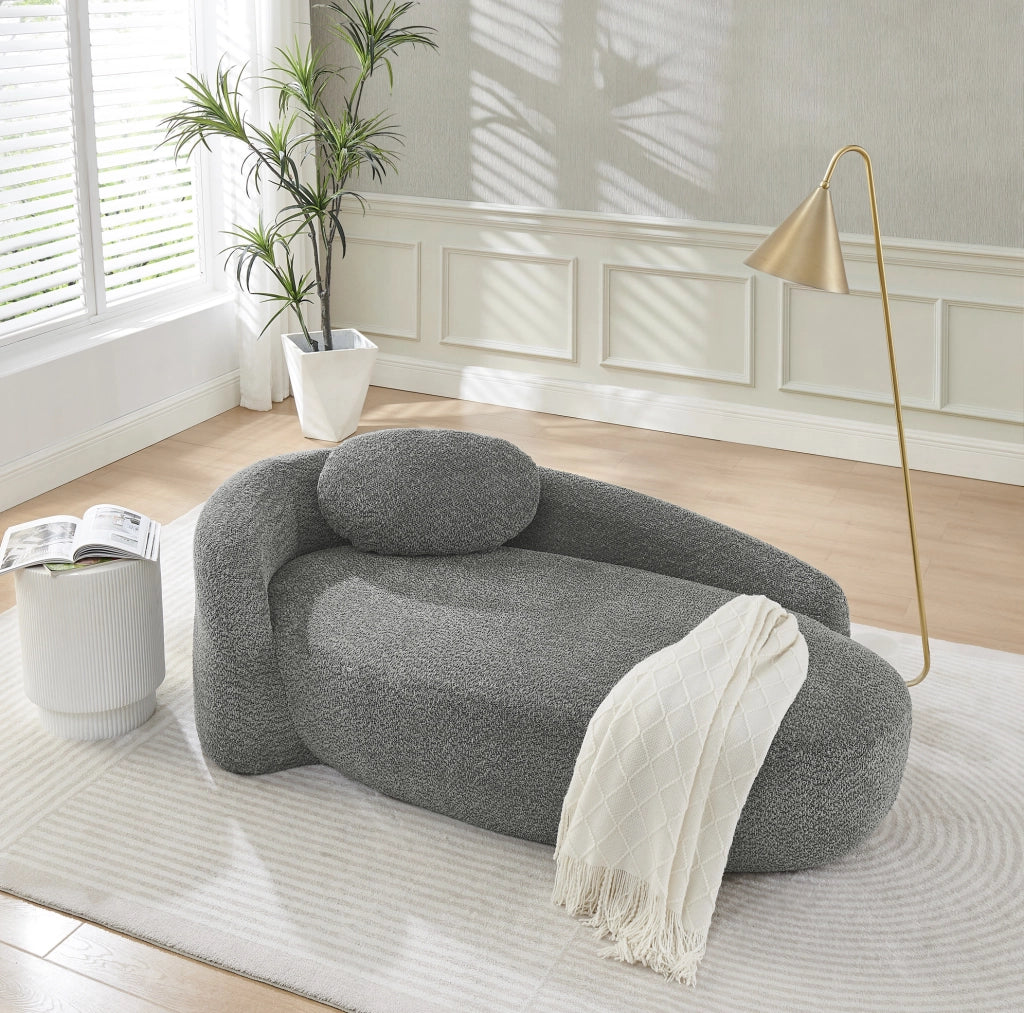 Divano minimalista grigio in tessuto Teddy, imbottitura in schiuma ad alta elasticità, design arrotondato per soggiorno e camera da letto