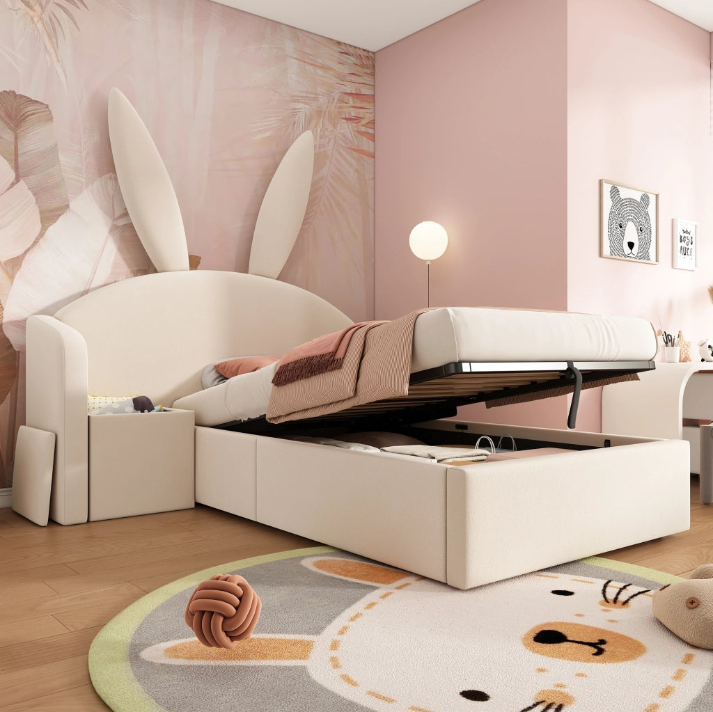 Letto imbottito per bambini ULEVR 90x200 cm con contenitore idraulico, comodino montabile a sinistra o destra, beige