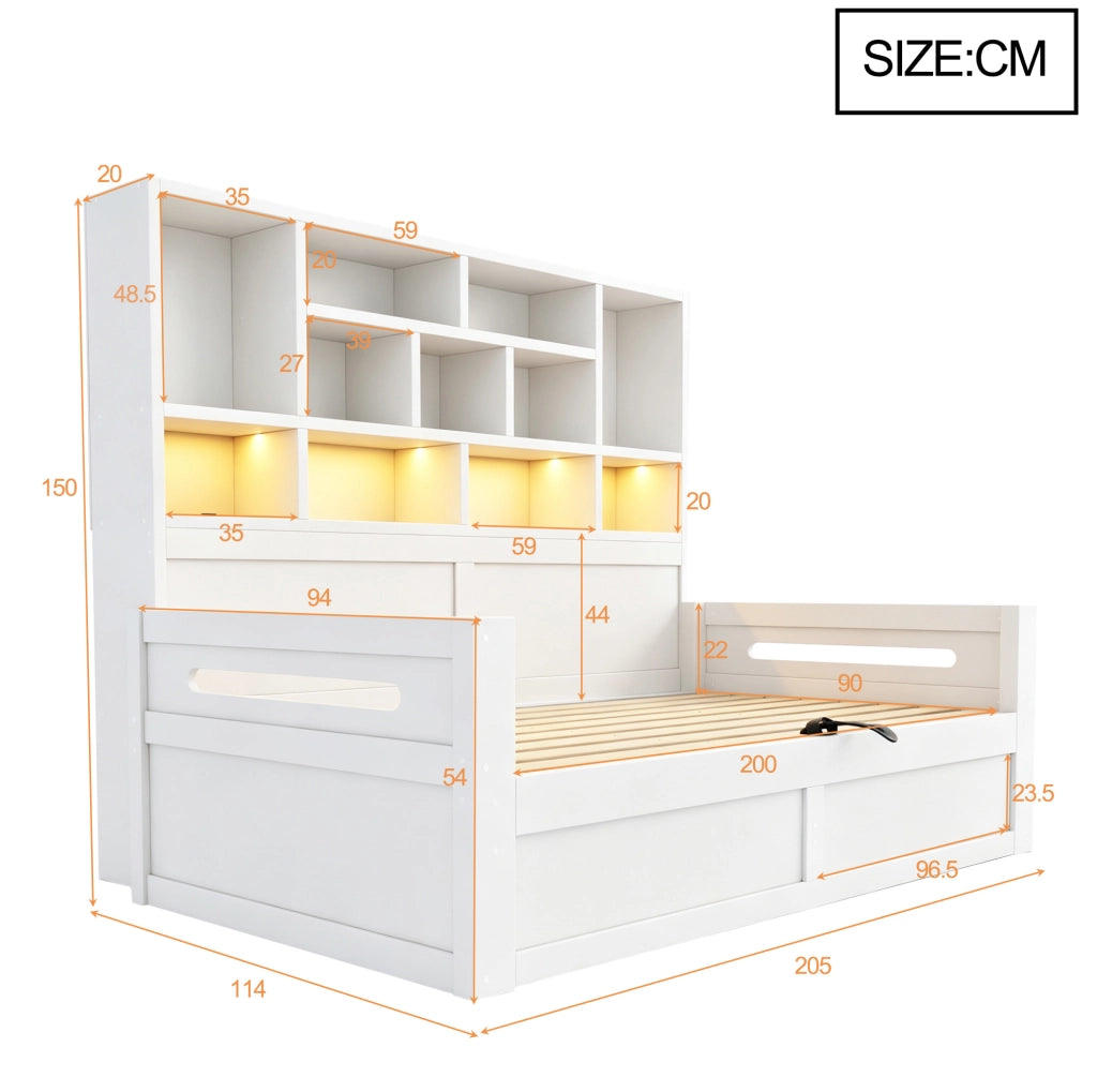Letto singolo 90x200 cm con vano idraulico; LED e prese; MDF bianco