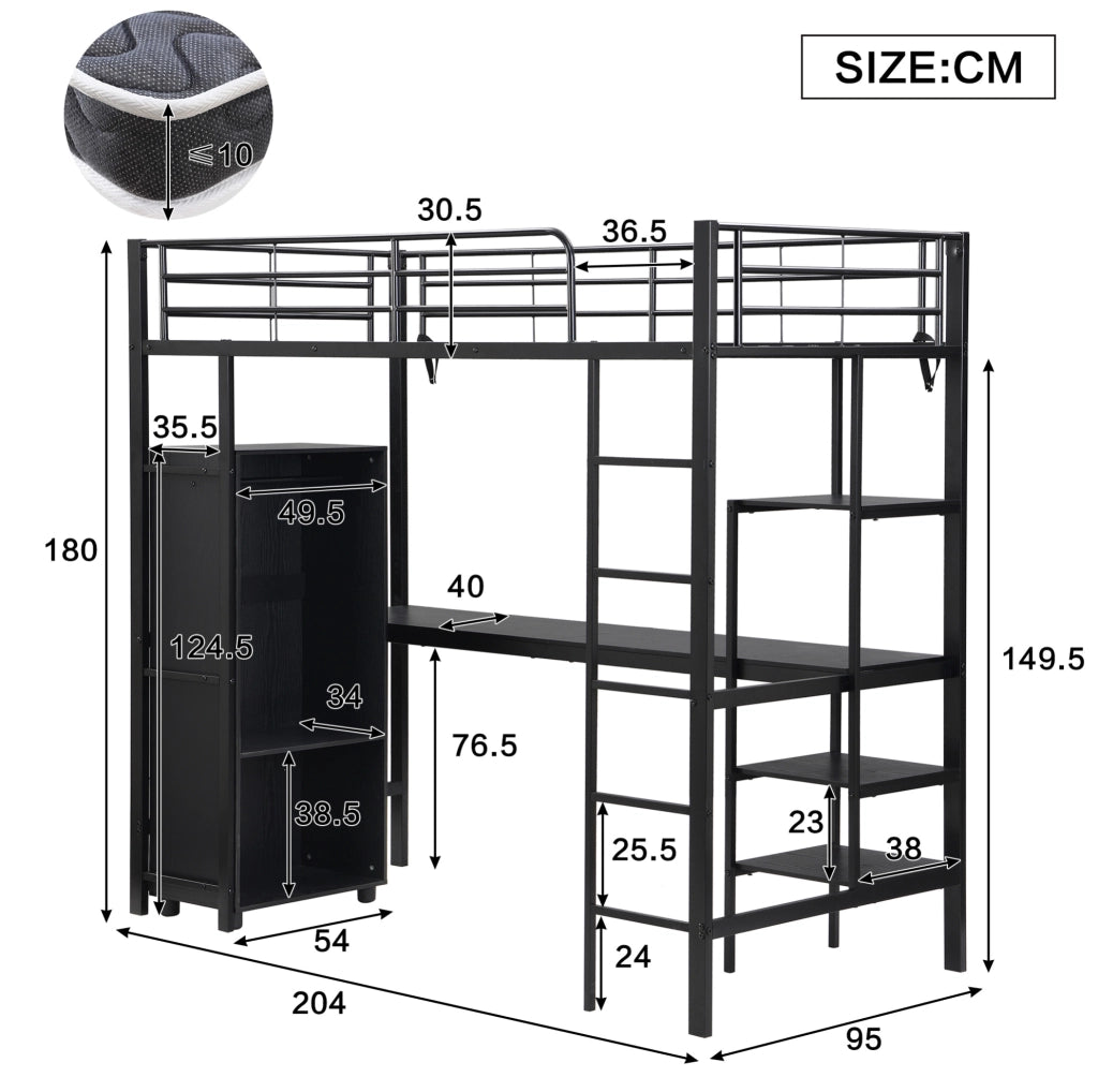 Letto a soppalco nero 90 x 200 cm con scrivania e armadio