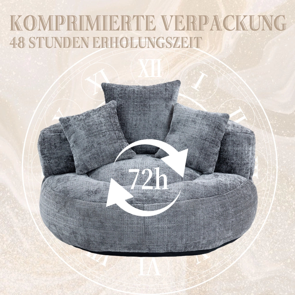 Poltrona lounge ULEVR in ciniglia grigia 108x108x52 cm con schienale alto e braccioli, seduta imbottita