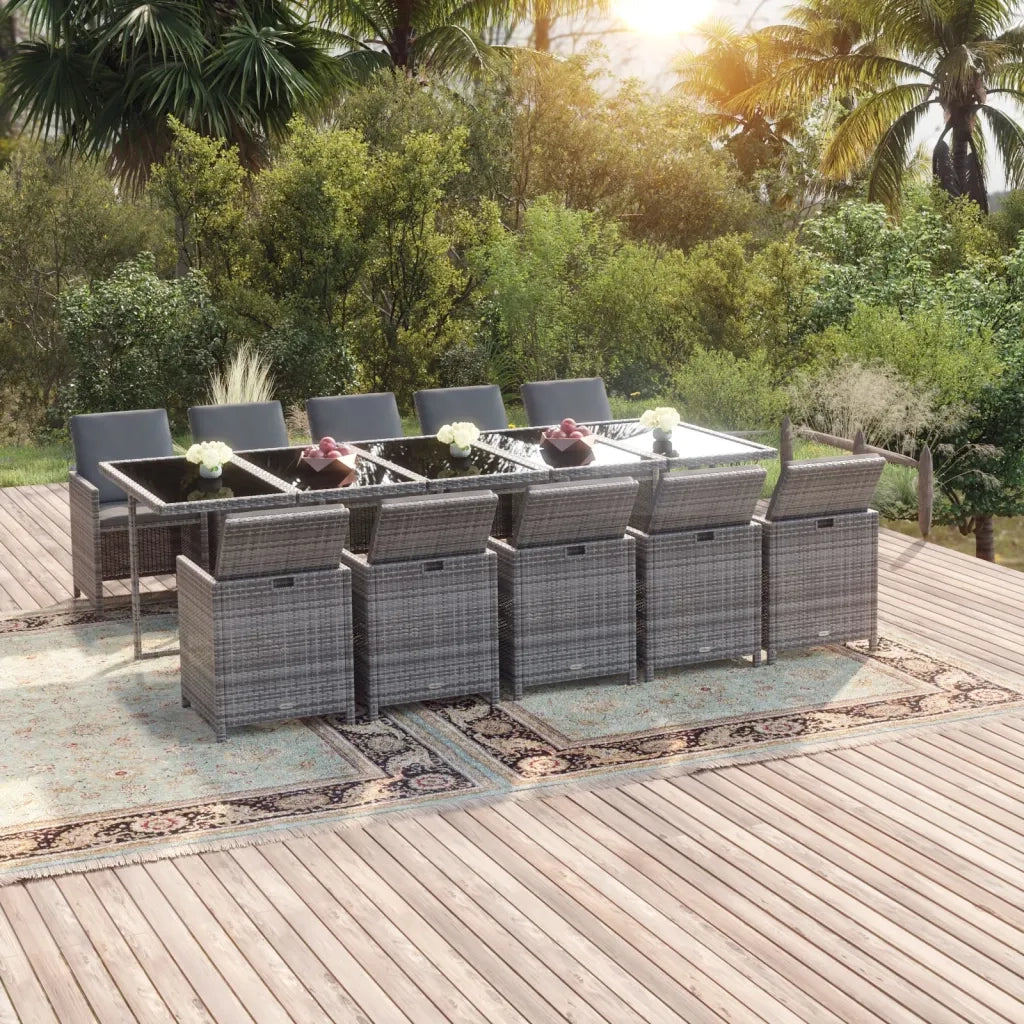 Set Pranzo da Giardino 11 pz con Cuscini in Polyrattan Grigio 3095590
