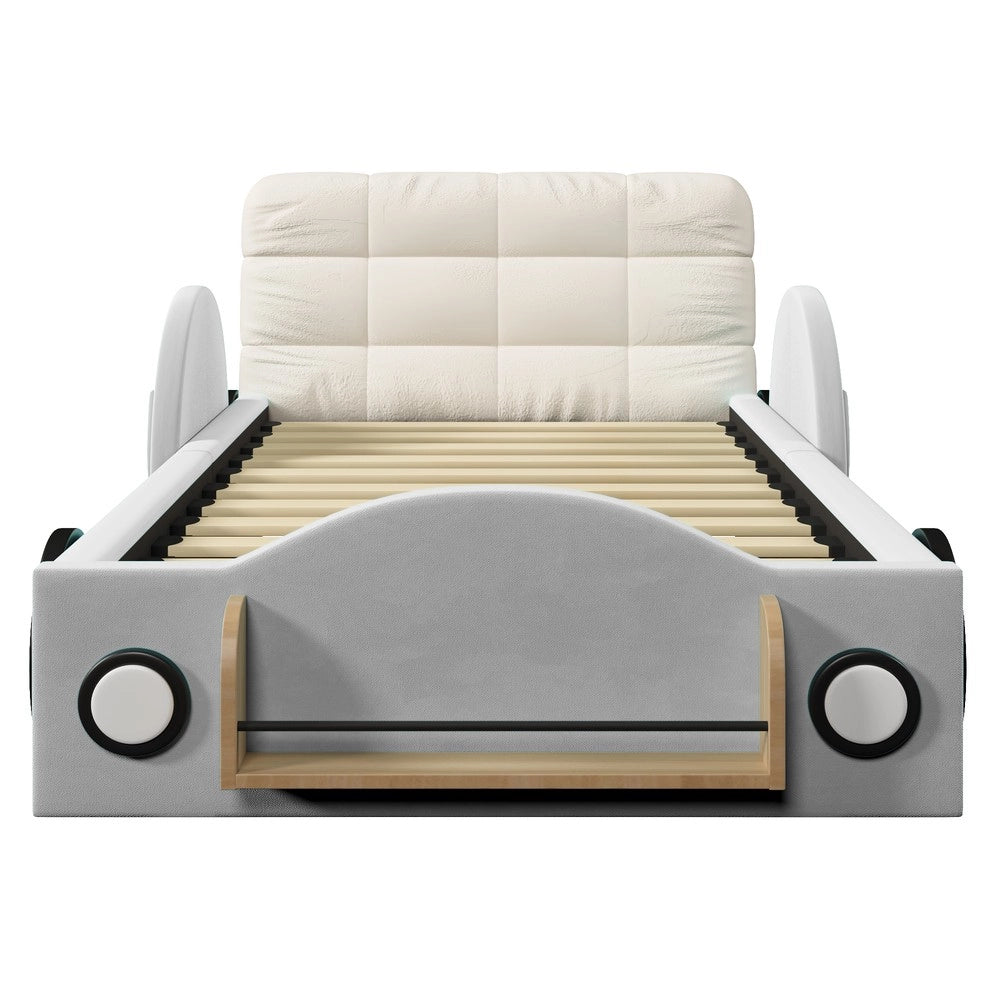 Letto imbottito contenitore 90x200 ¨C Minimal ¨C Velluto grigio idraulico con tasche laterali e vano libri