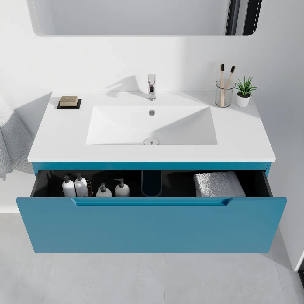 Mobile bagno sospeso 90cm dusk blue opaco un cassettone con lavabo bianco opaco | Bako