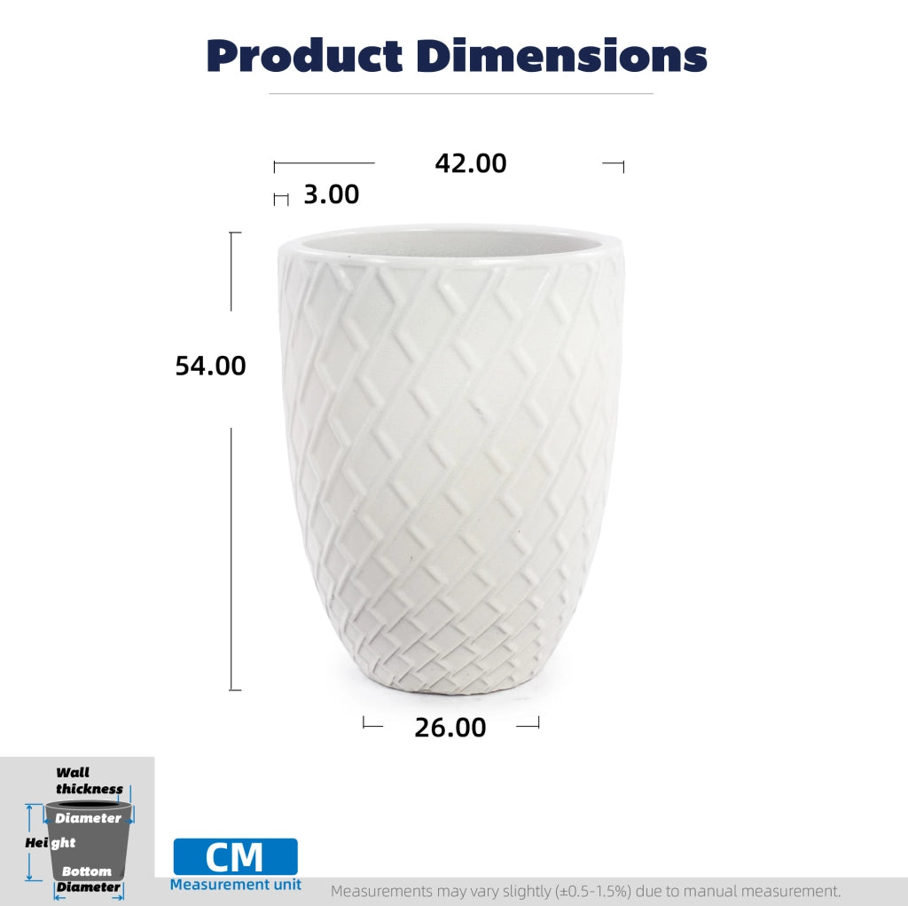 Grande Vaso da Fioriera in Ceramica Artigianale, 42 cm di Diametro × 54 cm di Altezza, Bianco Lucido con Motivo a Rombo, Traspirante e Resistente al Gelo con Fori di Drenaggio