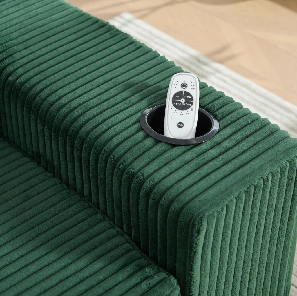 Pouf divano in velluto a coste verde smeraldo con tasche laterali; 151 x 133 x 64 cm