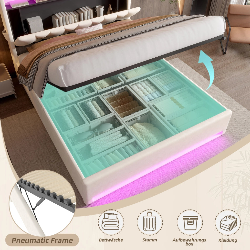 Letto Contenitore 140x200 cm con LED; USB e Type-C; Beige in Velluto
