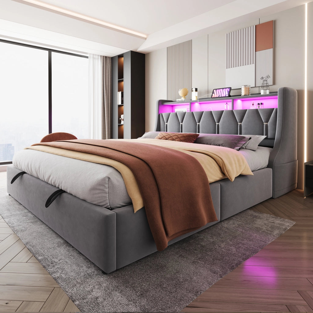 Letto contenitore 180 × 200 cm matrimoniale con prese; USB; Type-C; LED e mensole; senza materasso; velluto grigio