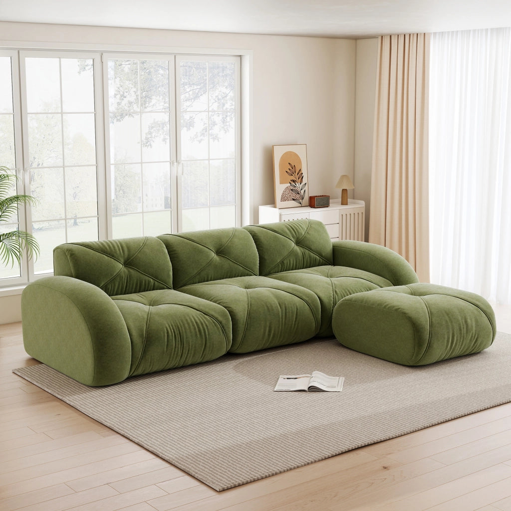 Divano modulare 3 posti con pouf e configurazione flessibile, seduta senza struttura in ciniglia verde