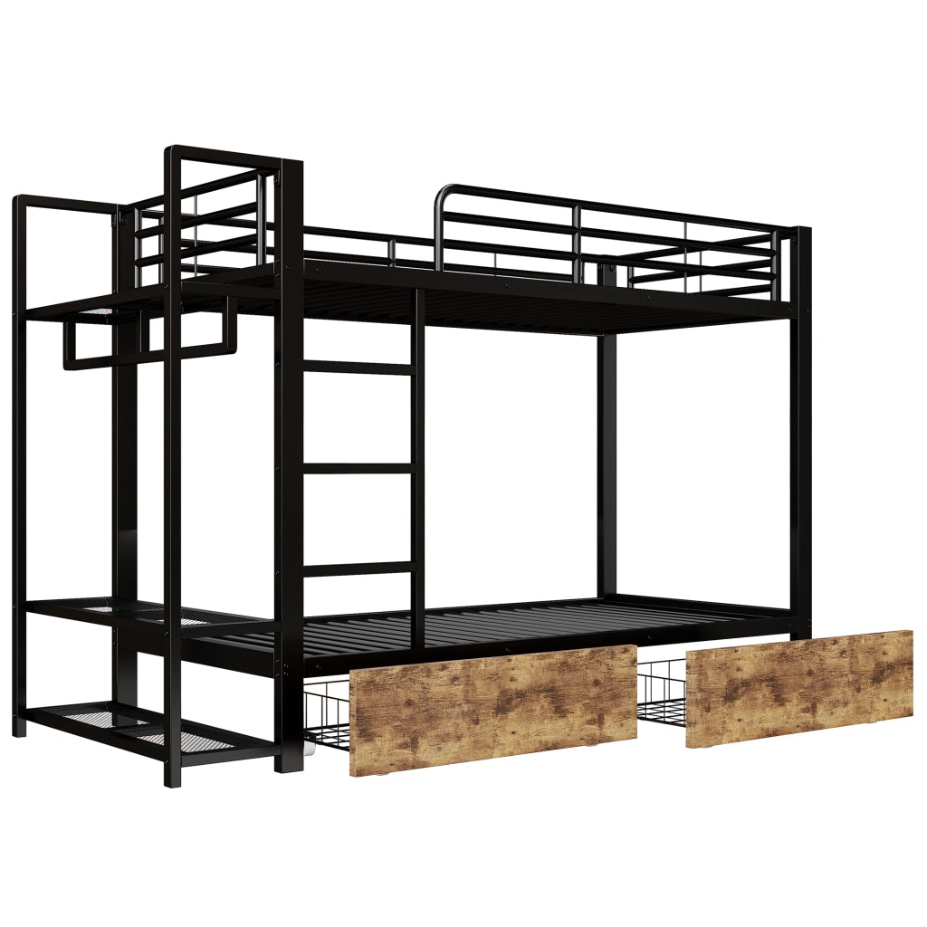 Letto a castello 90x200 cm in metallo e MDF nero con LED; cassetti e mensole
