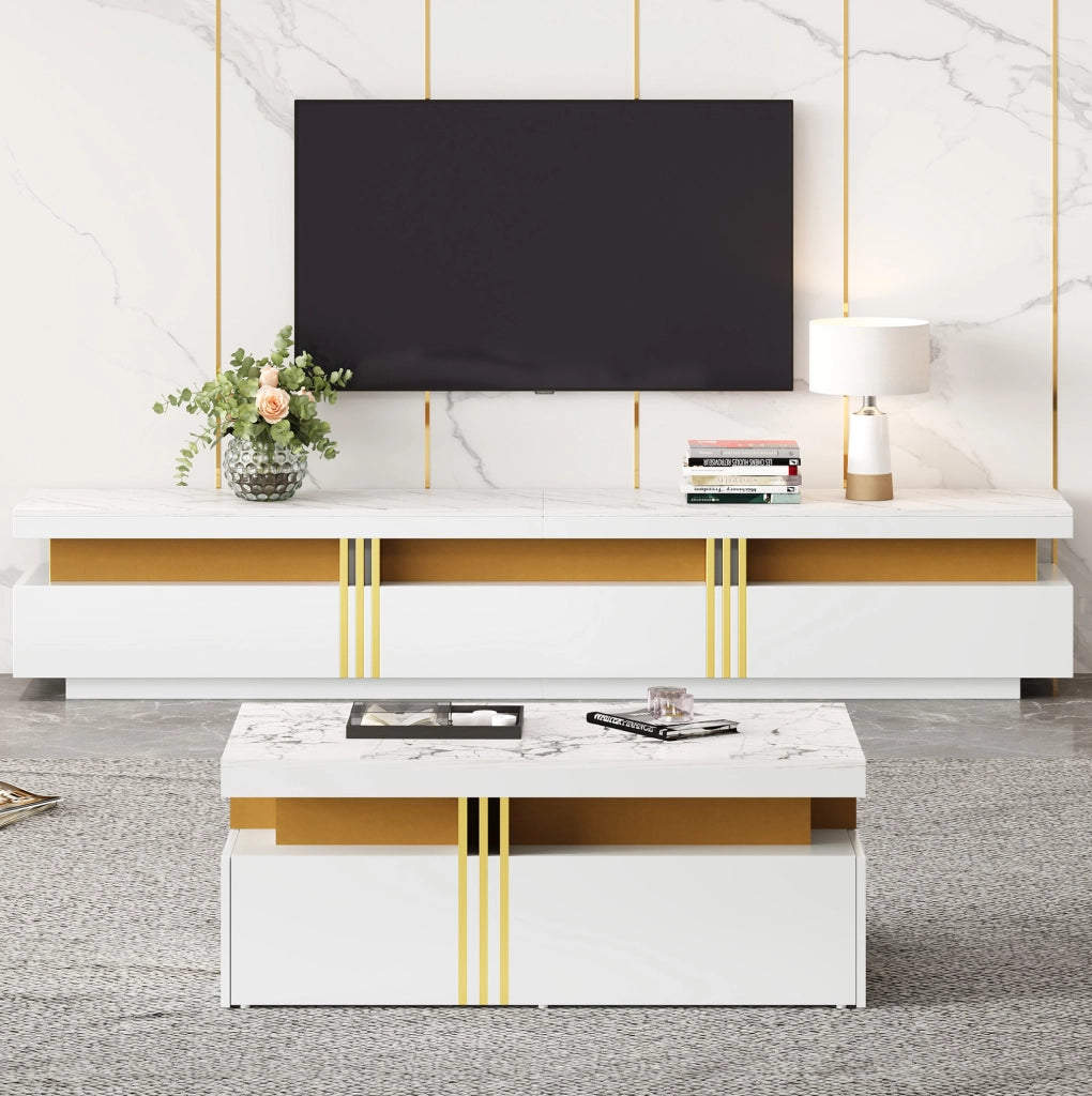 Set mobile TV e tavolino da caffè bianco; piano effetto marmo; 5 cassetti
