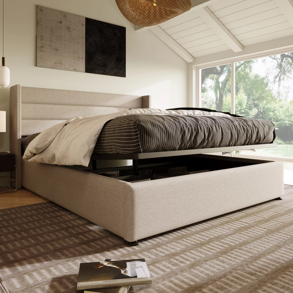 Letto contenitore matrimoniale imbottito 180x200 cm con sollevamento idraulico; rete a doghe in legno; telaio in metallo; lino beige