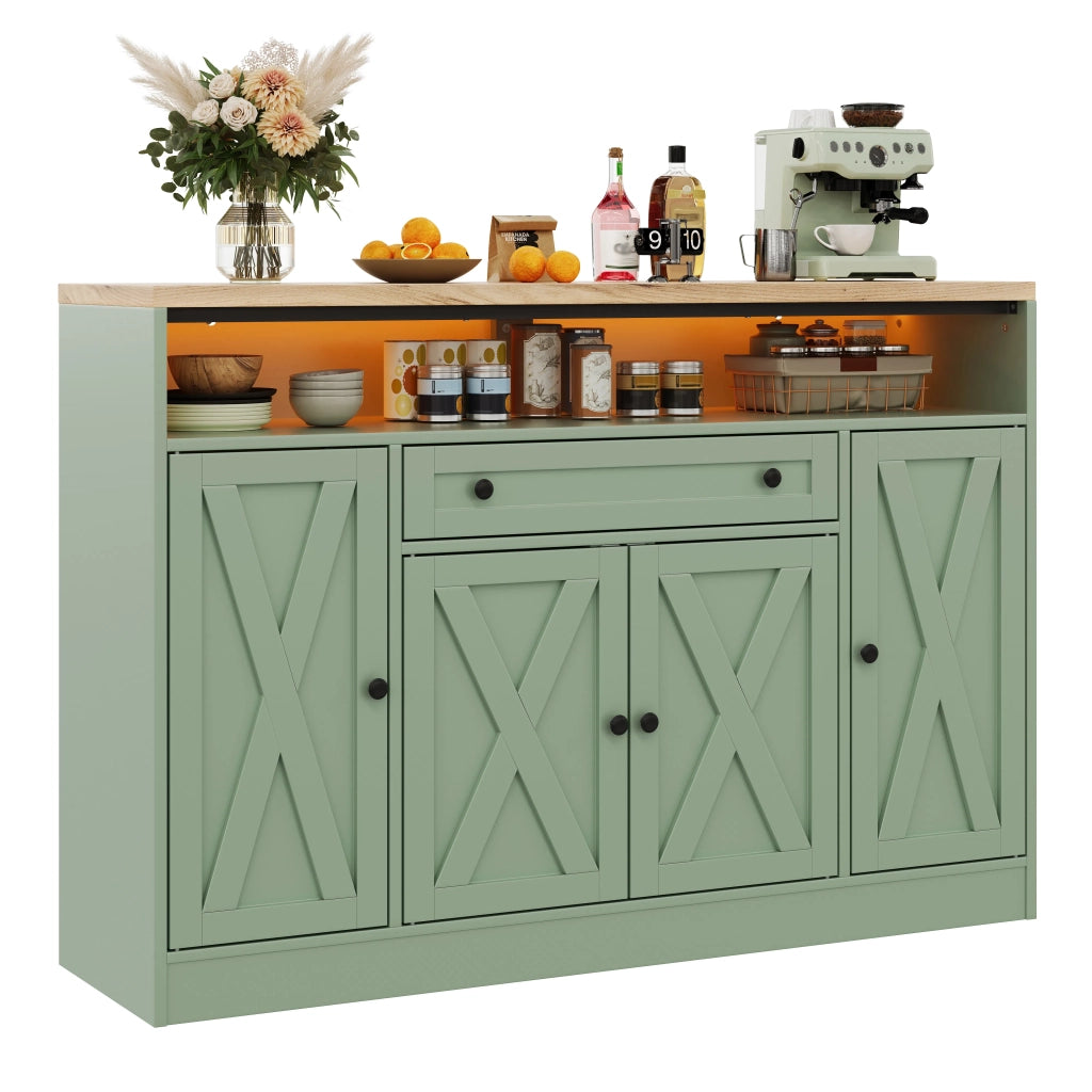 Mobile da cucina e soggiorno, 140x35x95 cm, con illuminazione LED, 1 cassetto, ripiani ante e 4 porte a granaio