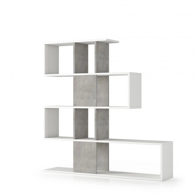Libreria moderna 5 ripiani bifacciale bianco e cemento 145x29x145 cm - Terraneo