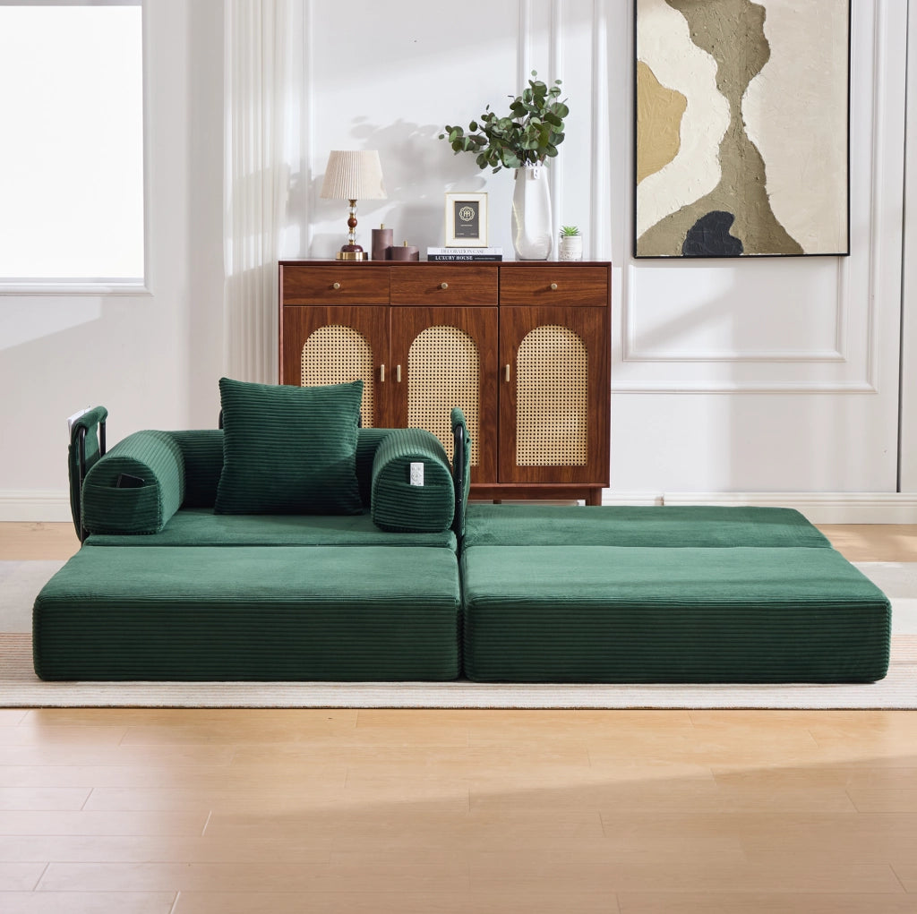 Poltrona 112x95x67 cm smeraldo in velluto a coste, con tasca laterale e cuscino