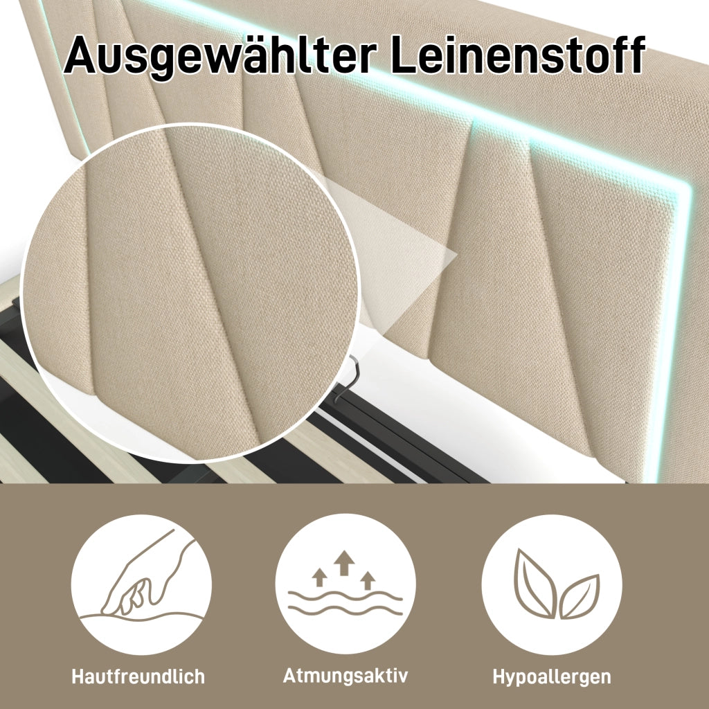 Letto Contenitore Matrimoniale 140 x 200 cm; USB e Tipo C; LED; Testiera Regolabile in Lino Beige