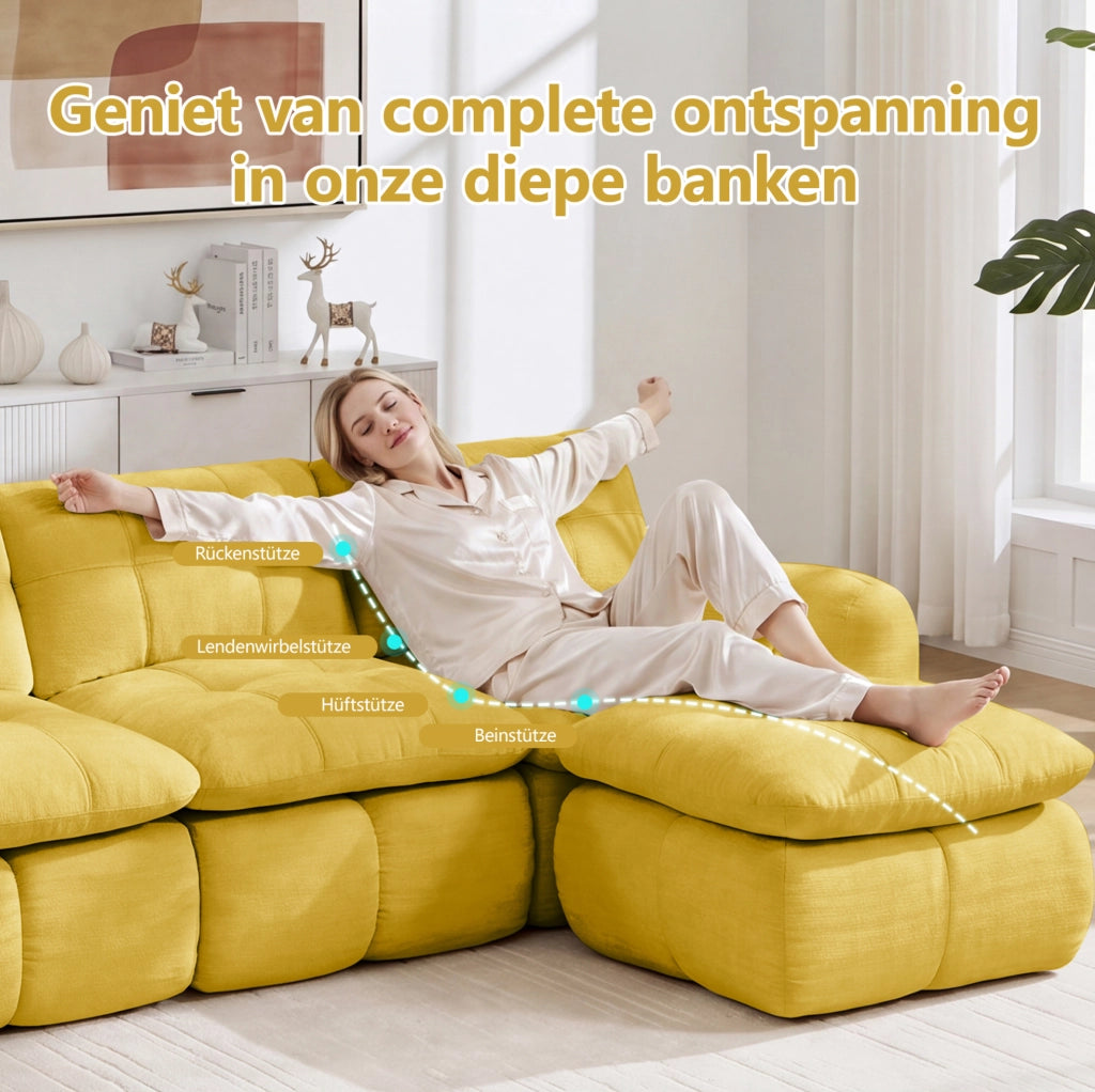 Divano modulare a 2 posti a forma di L in Chenille giallo senza struttura con pouf, ideale per soggiorni e appartamenti