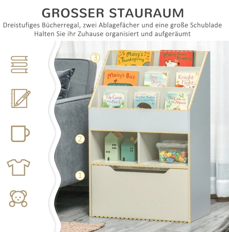 Libreria per bambini grigia con cassetto e ripiani, 60 x 29,9 x 90 cm