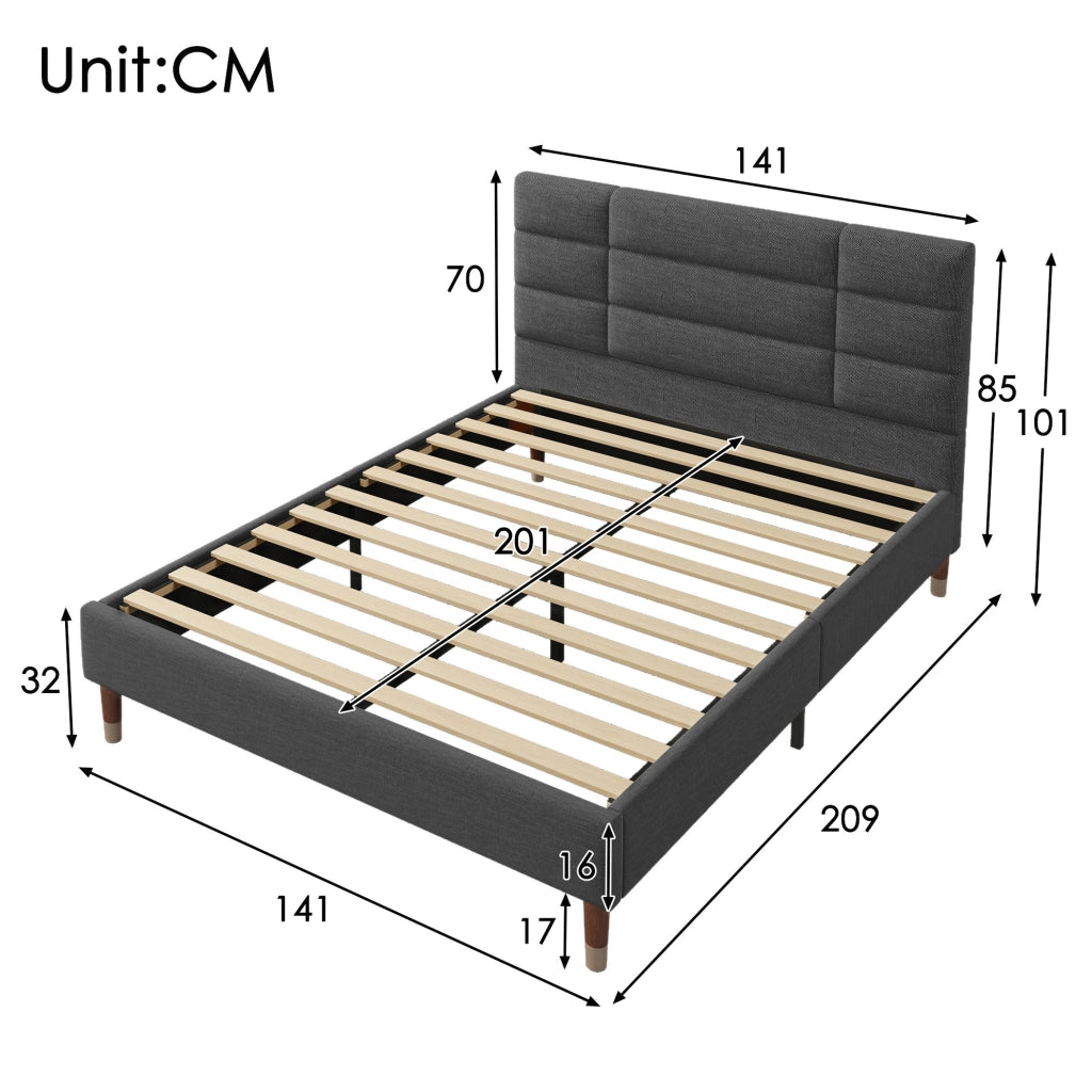 Letto imbottito matrimoniale 140x200 cm con contenitore e rete a doghe, struttura in lino grigio con testiera alta