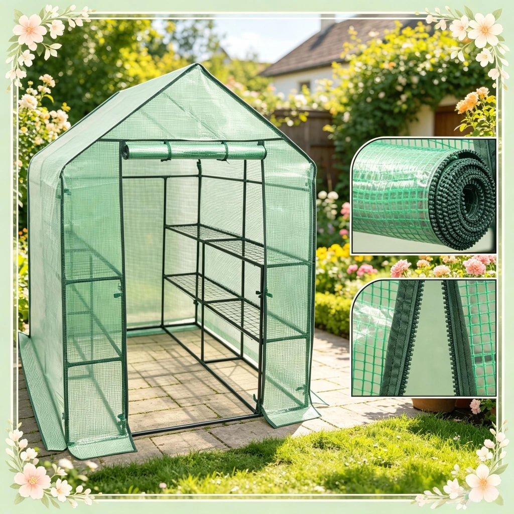 Serra a tunnel con porta frontale a cerniera per orto e terrazzo in acciaio e polietilene verde 143 × 143 × 195 cm