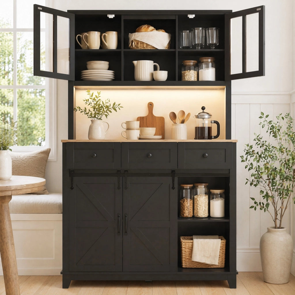 Credenza alta da cucina 105x38,4x180 cm in MDF con LED, ante in vetro e ripiani regolabili