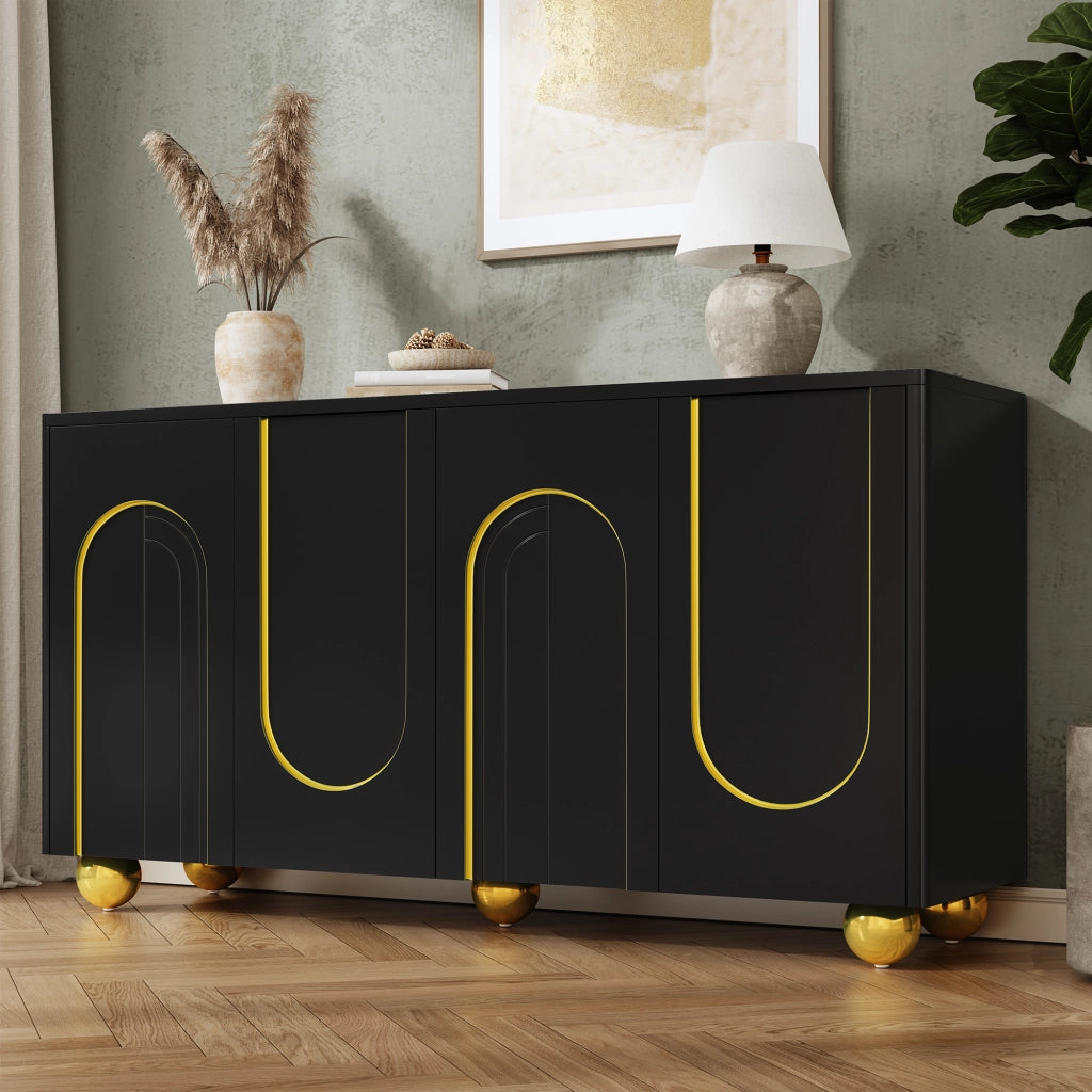 Credenza e madia 4 ante con ripiani e decoro ad arco dorato, per soggiorno e sala da pranzo, nera, 140 × 40 × 74 cm