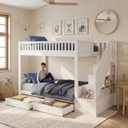 Letto a castello per bambini 90×200 cm 2 posti con scala contenitore, 2 cassetti e barriere, senza materasso, bianco