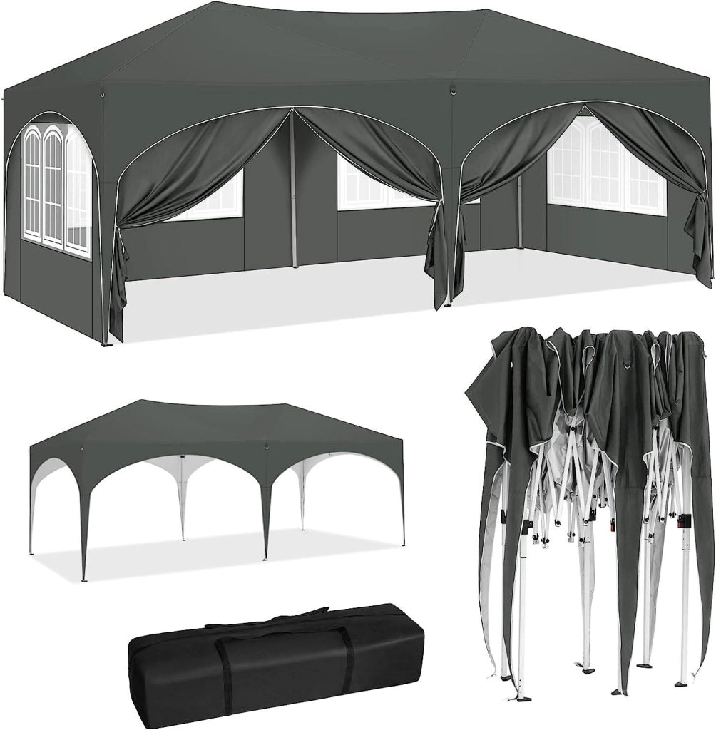 Gazebo pieghevole 3 × 6 m con 6 pareti rimovibili; telo Oxford 210D idrorepellente grigio con protezione UV 50+