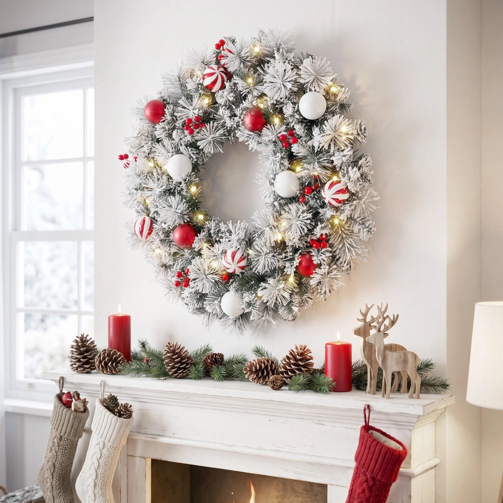 Couronne de Noël Lumineuse 60 cm Enneigée Floquée avec 50 LED, 15 Boules Décoratives, 140 Branches, 8 Modes, Vert
