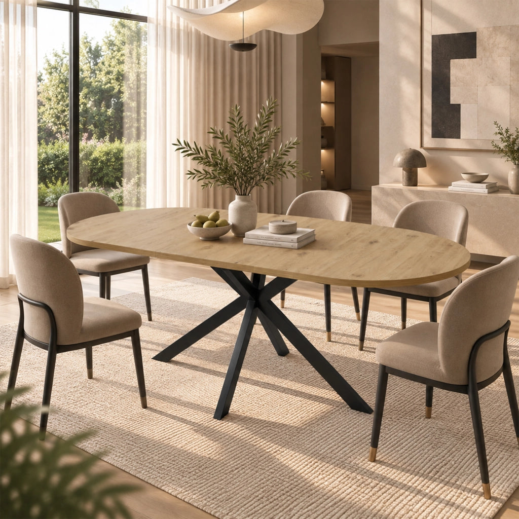 Tavolo da Pranzo Ovale Allungabile 120-160x80 cm 4-6 Posti LEMONMAX; Prolunga Integrata; Piano MDF Effetto Legno e Gambe in Metallo; H 75 cm