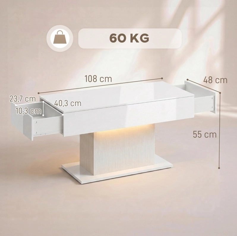 Tavolino da salotto con LED RGB e 2 cassetti bianco lucido HOMVRA