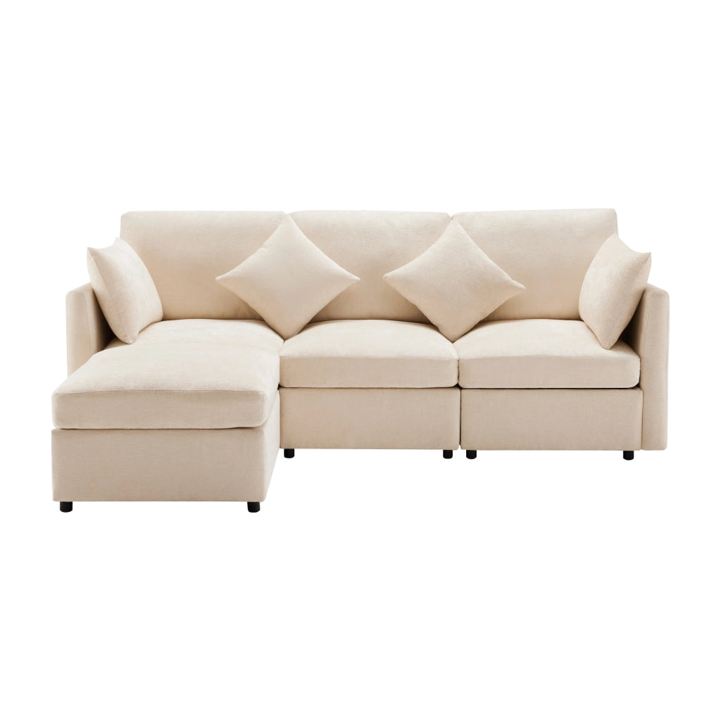 Divano modulare 3-4 posti con pouf mobile e 4 cuscini in chenille beige