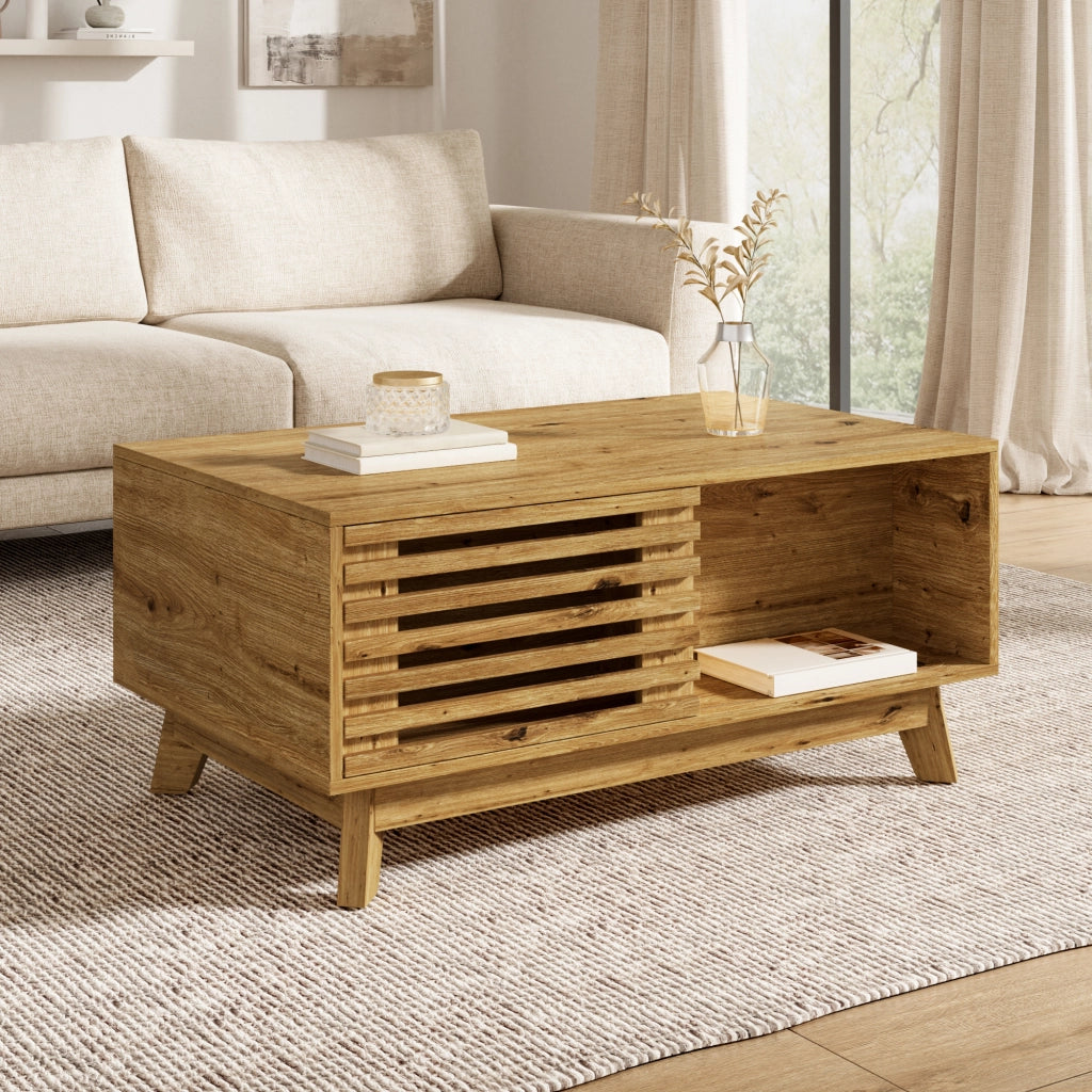 Tavolino basso alzabile con piano estensibile e anta scorrevole a lamelle in MDF naturale 90 × 55 × 57.5 cm